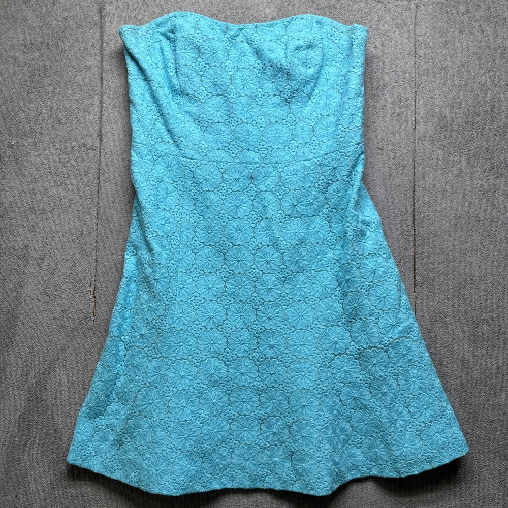 Lilly Pulitzer Blue Daisy Eyelet Strapless‎ Vicki Dress Women's 12 Floral Retro - Picture 2 of 11